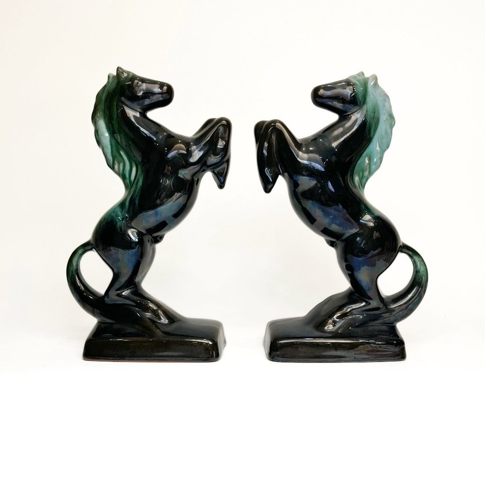 Mid Century Rearing Horse Blue Mountain Pottery Bookends Black Green Glaze 9"